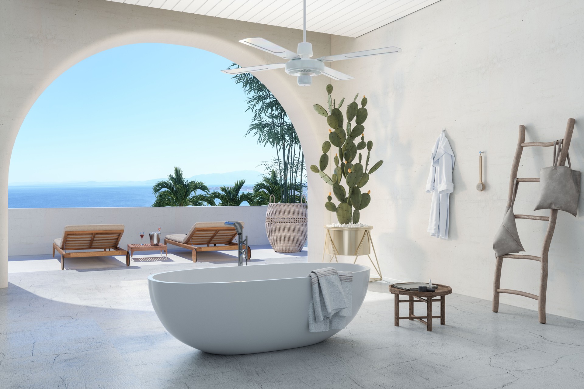 Modern Bathroom With Bathtub, Cactus Plant And Wooden Ladder. Deck Chairs In The Balcony With Seaview Background.